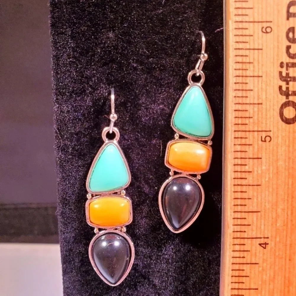 0214. NWOTs ~ Really Colorful Imitation Turquoise and Onyx Earrings ~ Silver ~